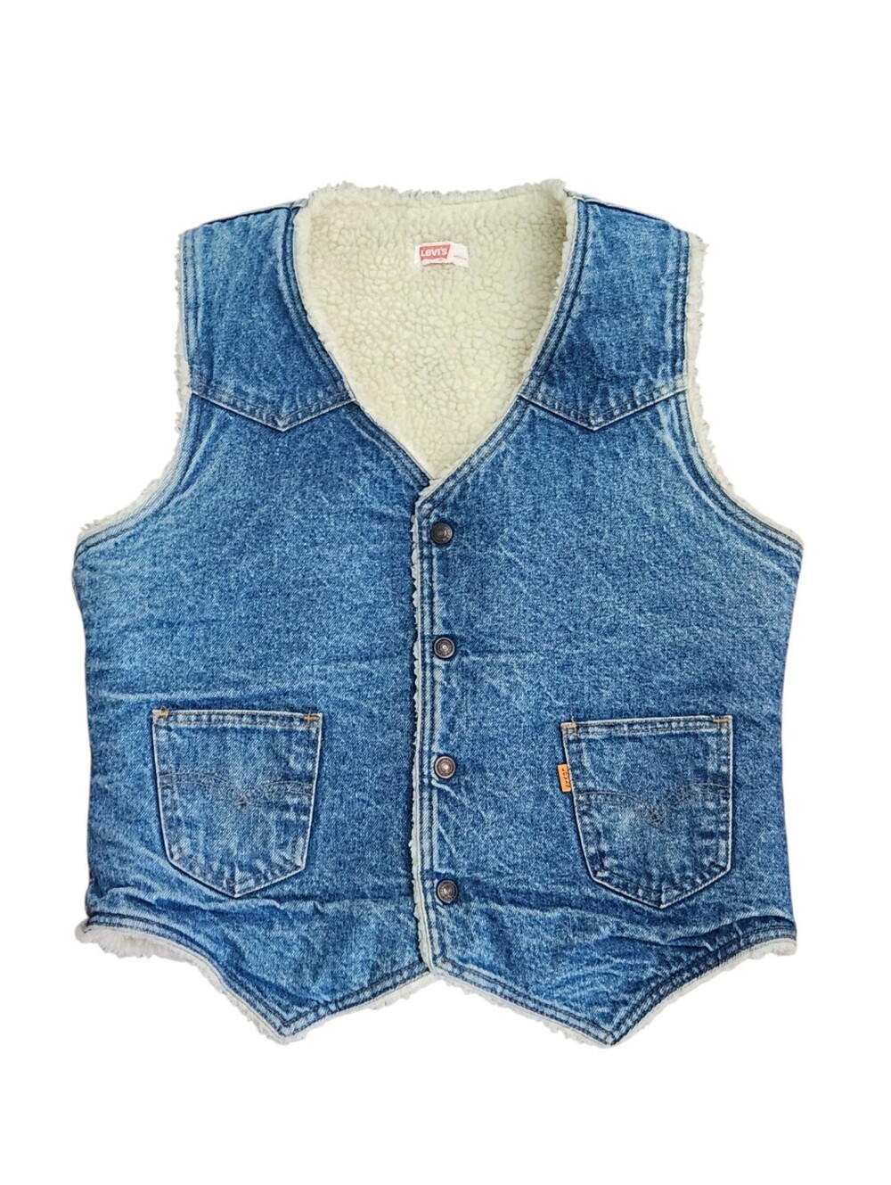Vintage 80s Levis Sherpa Lined Denim Blue Jean Vest M Trucker USA Made Snap